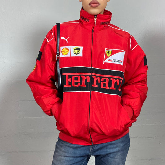 Vintage 2000's Ferrari Sporty Red Oversized Racers Jacket with Decorative Patches (L)