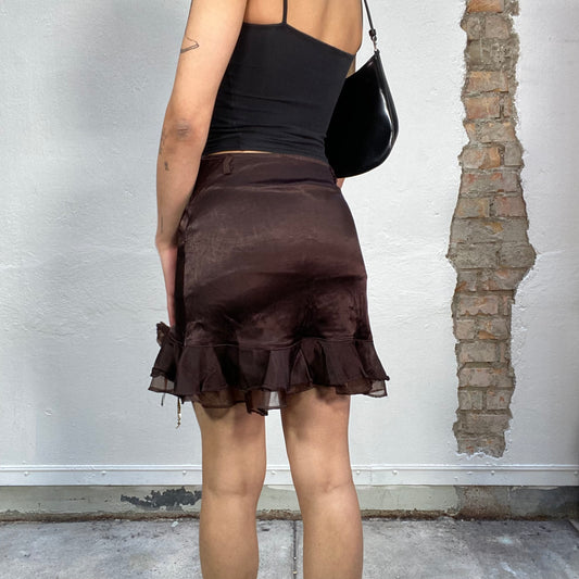 Vintage 2000's Whimsigoth Brown Silky mini Skirt with Flower and Beads Details (S)