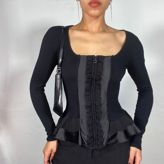 Vintage 2000's Morgan De Toi Black Zip Up Top with Ruffle Details (S)