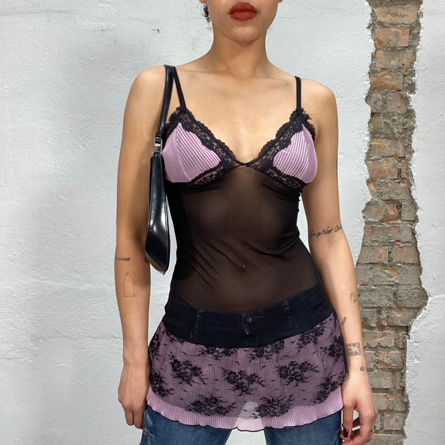 Vintage 2000's Lingerie Black and Pink Mesh and Lace Cami Top (S)