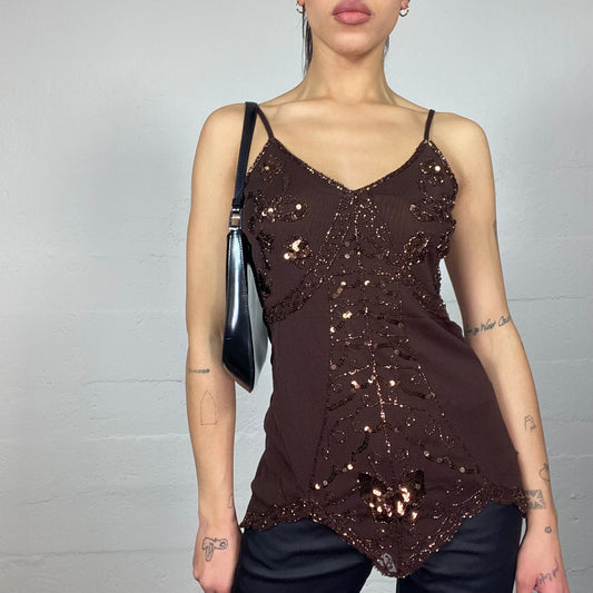 Vintage 2000's Indie Brown Long Top with Mesh Back and Sequins and Rhinestones Print (S)