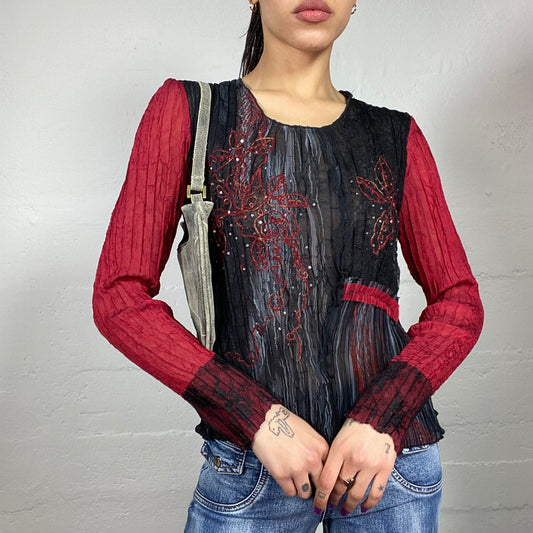 Vintage 90's Phoebe Buffay Red and Black Longsleeve Top with Floral and Rhinestones Embroidery and Textured Material (M)
