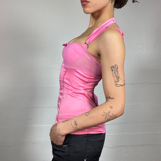Vintage 2000's Soft Girl Pink Satin Corset Top with Ribbon Neckline Detail (S)