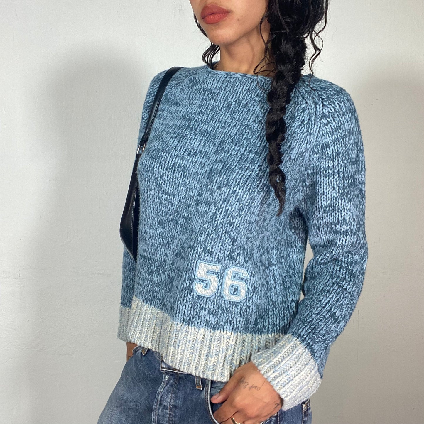 Vintage 90's Classic Baby Blue Pullover with Bottom Trim and "56" Patch Detail (M)