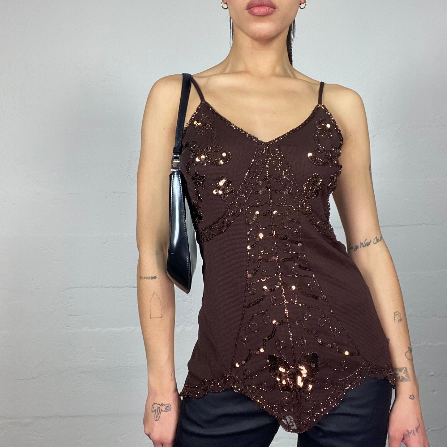 Vintage 2000's Indie Brown Long Top with Mesh Back and Sequins and Rhinestones Print (S)