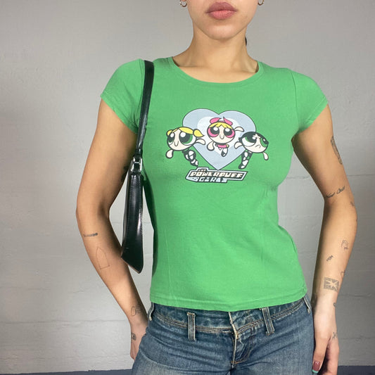 Vintage 90's Cute Girl Green Top with 'The Powepuff Girls' Print (S/M)