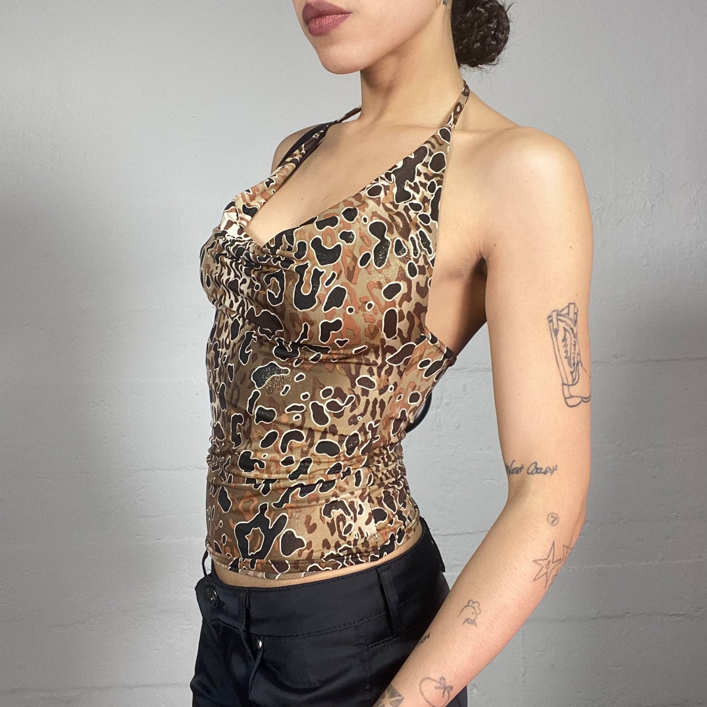 Vintage 90's Mob Wife Brown Cheetah Print Neckholder Top (S)