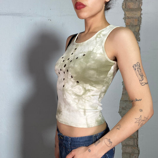 Vintage 90's Street Style Khaki Batik Tank Top with Eyelet Details (S)