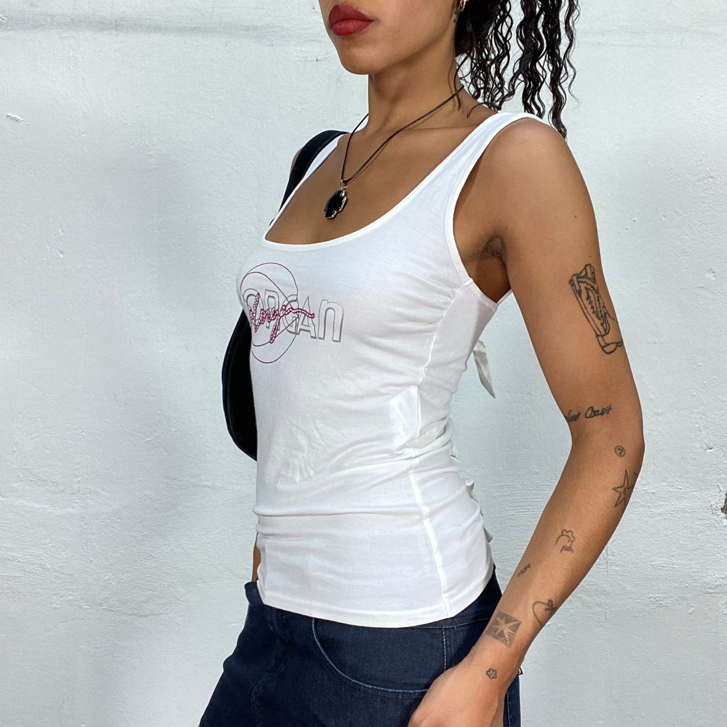 Vintage 2000's Downtown Girl White Morgan de Toi Top with Pink Logo Print (S)