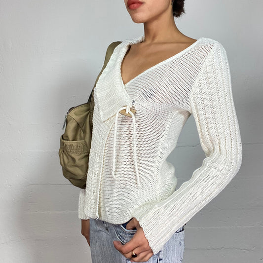 Vintage 90's Whimsigoth White Crochet V-Neck Sweater with Side Lace Up Detail (S/M)