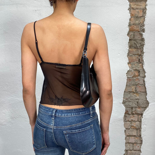 Vintage 2000's Lingerie Brown Satin Cami Top with White Lace Bust Part (S)