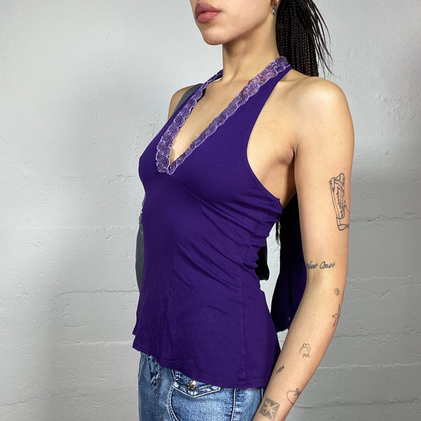 Vintage 2000's Morgan Clubwear Purple Neckholder Top with Sequins Chain Neckline Detail (S)