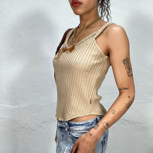 Vintage 90's Western Beige Knit Top with Faux Leather Detail (S)