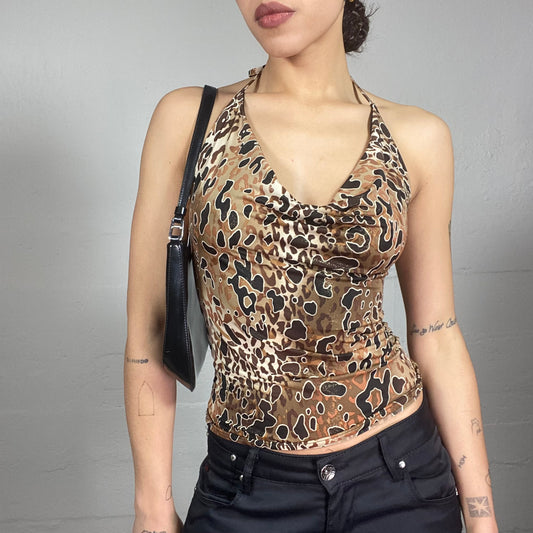 Vintage 90's Mob Wife Brown Cheetah Print Neckholder Top (S)