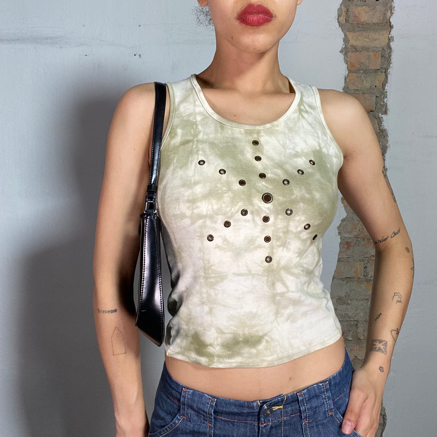 Vintage 90's Street Style Khaki Batik Tank Top with Eyelet Details (S)