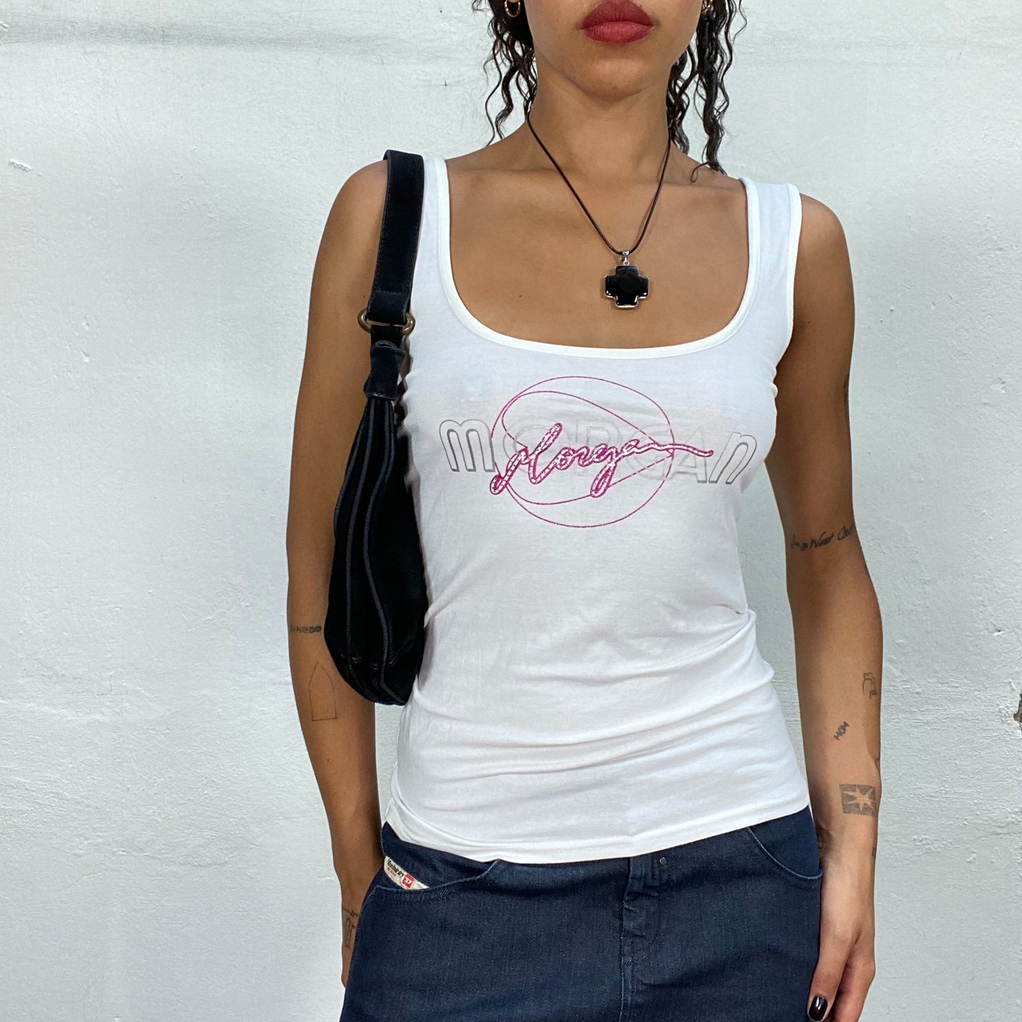 Vintage 2000's Downtown Girl White Morgan de Toi Top with Pink Logo Print (S)