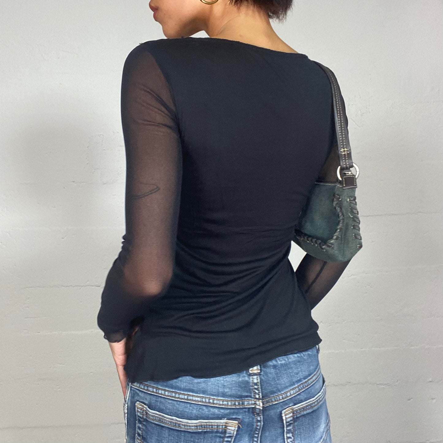 Vintage 2000's Coquette Black Mesh Longlseeve Top with Textured Floral Print (S)