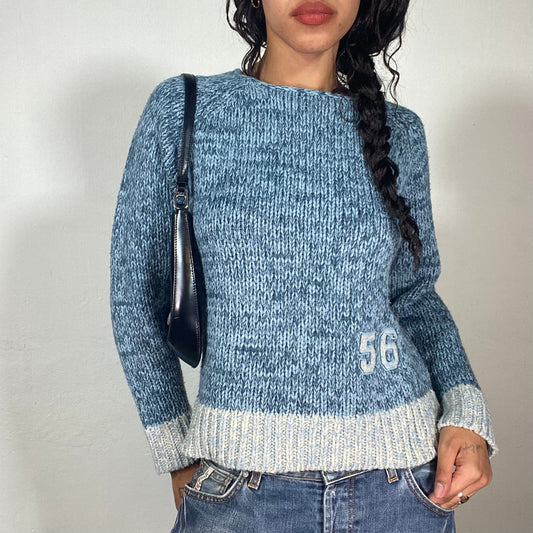 Vintage 90's Classic Baby Blue Pullover with Bottom Trim and "56" Patch Detail (M)