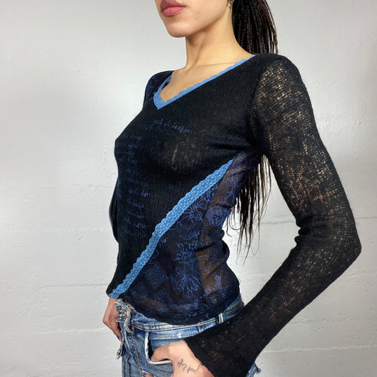 Vintage 2000's Downtown Girl Black Knitted Longsleeve Top with Blue Typography Print (S)