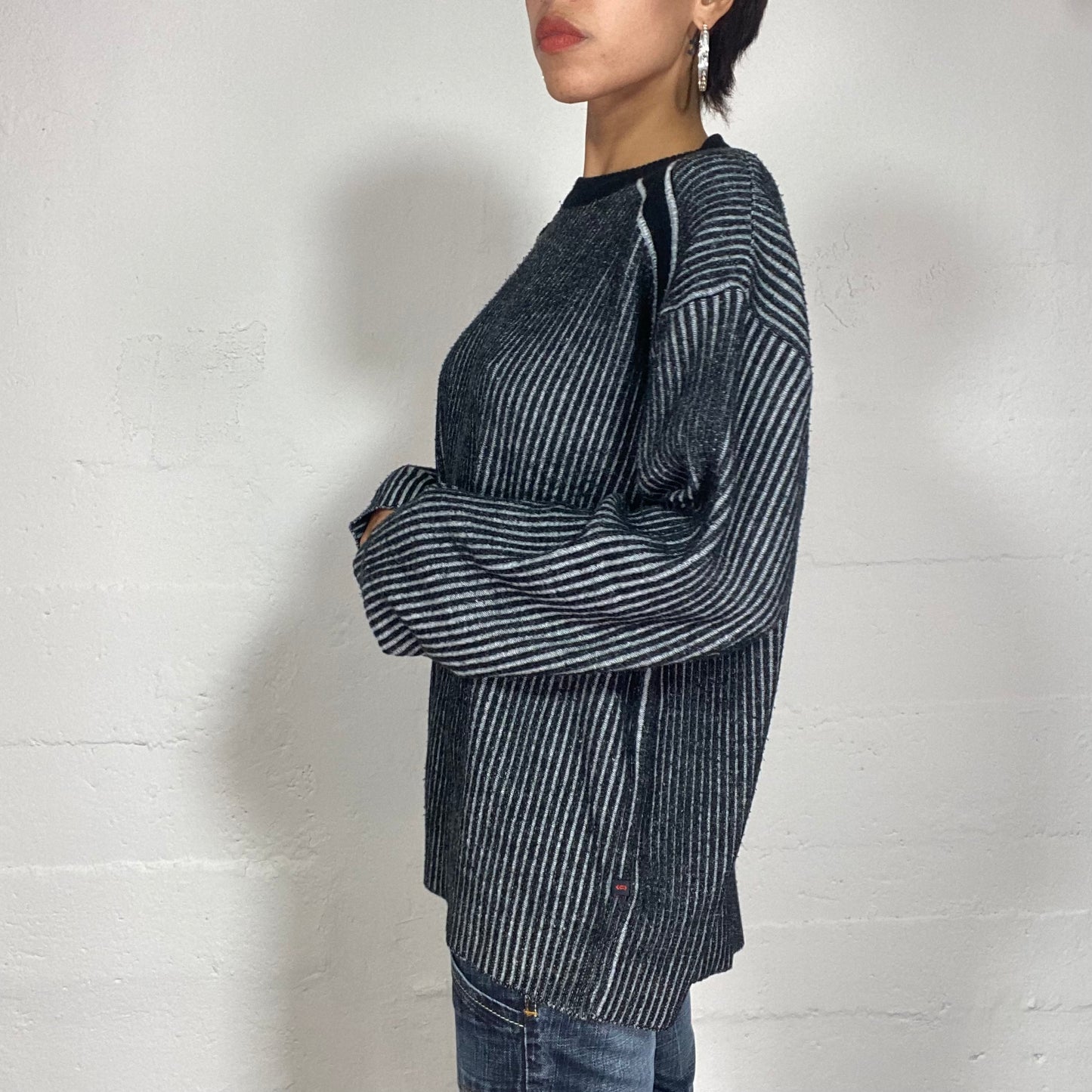 Vintage 90's Archive Ribbed Grey Pullover with Wash Out Effect (L)