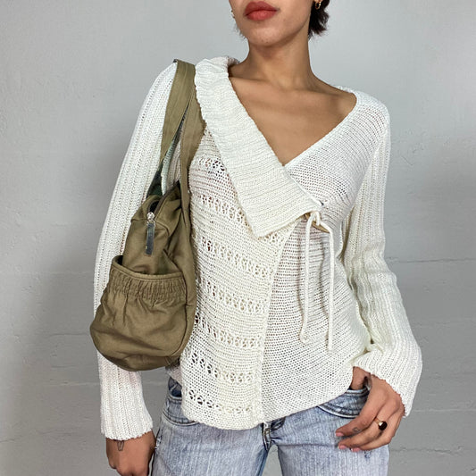 Vintage 90's Whimsigoth White Crochet V-Neck Sweater with Side Lace Up Detail (S/M)