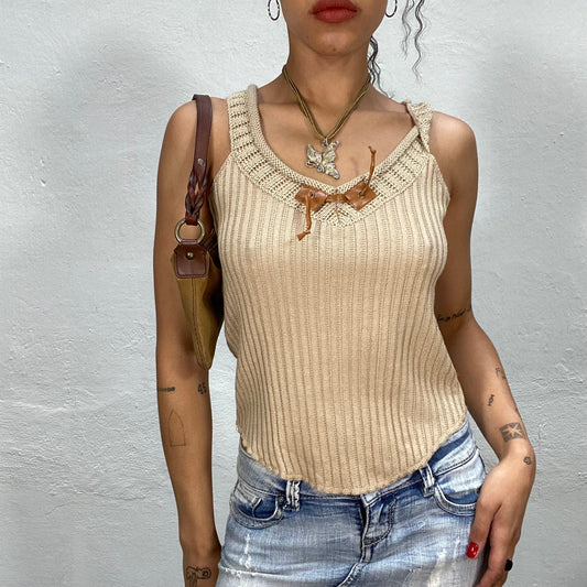 Vintage 90's Western Beige Knit Top with Faux Leather Detail (S)