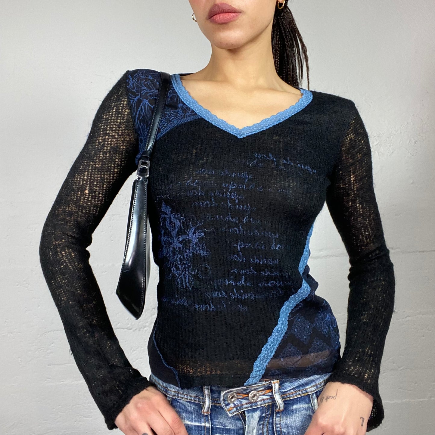 Vintage 2000's Downtown Girl Black Knitted Longsleeve Top with Blue Typography Print (S)