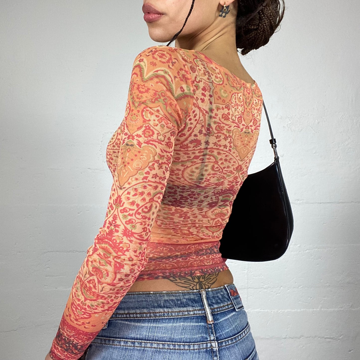 Vintage 90's Phoebe Buffay Orange Mesh Longsleeve Top with Ethnic Print (S)