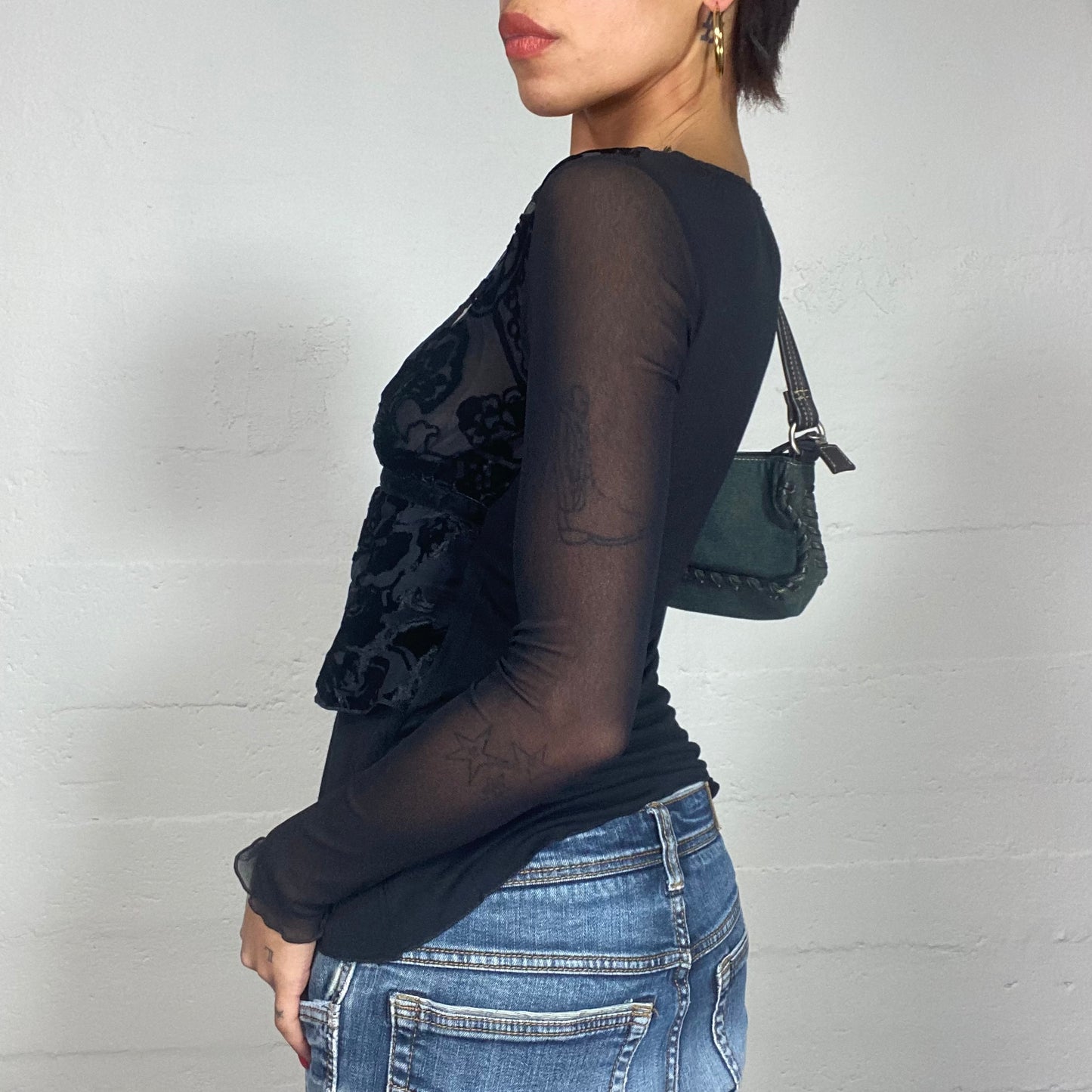 Vintage 2000's Coquette Black Mesh Longlseeve Top with Textured Floral Print (S)