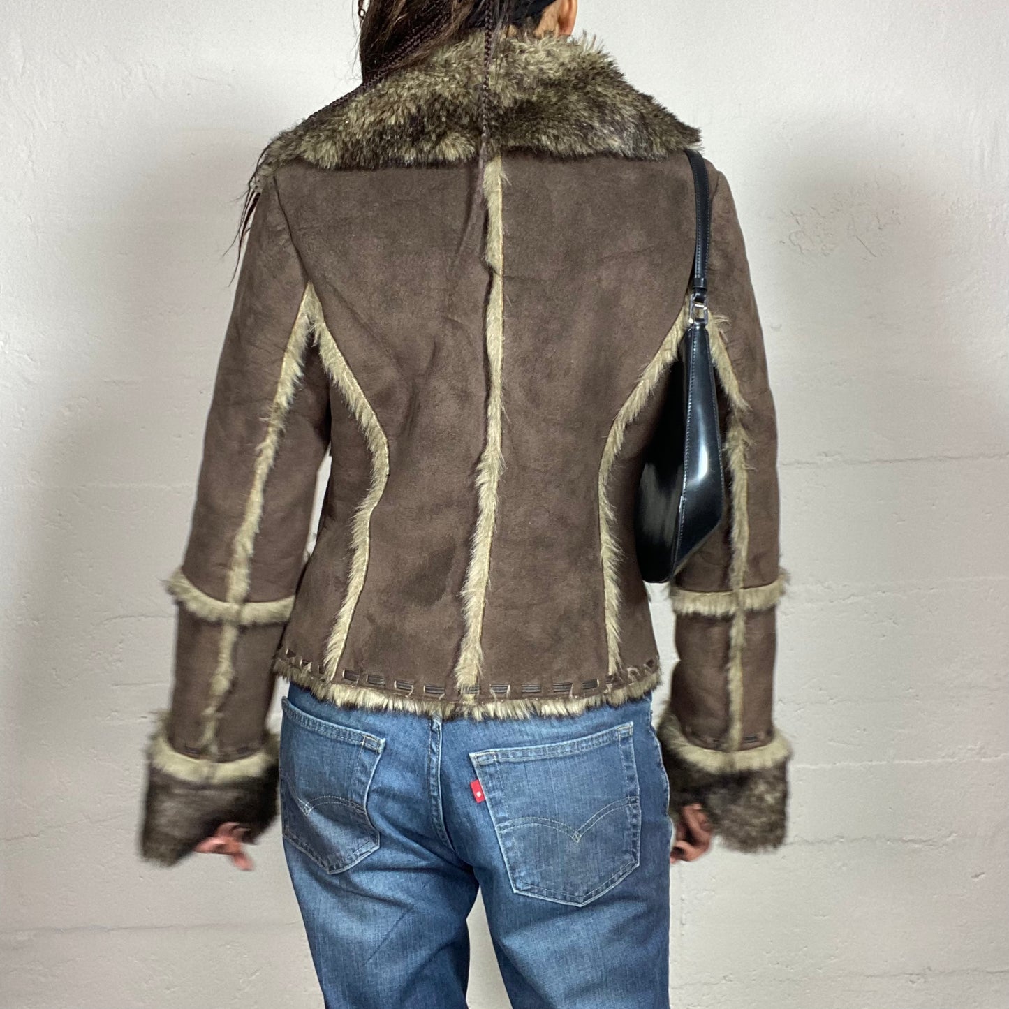 Vintage 2000's Bratz Brown Short Faux Fur Afghan Jacket with Furred Longlseeves (M)