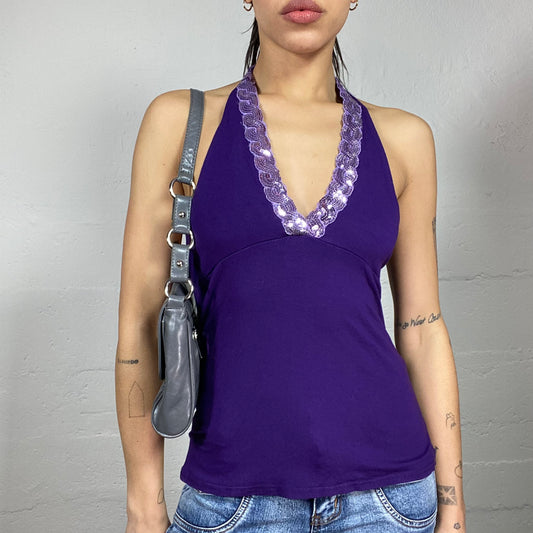 Vintage 2000's Morgan Clubwear Purple Neckholder Top with Sequins Chain Neckline Detail (S)