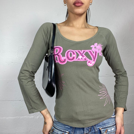 Vintage 2000's Roxy Downtown Girl Khaki Longsleeve Top with Pink Brand Print Chest (S)