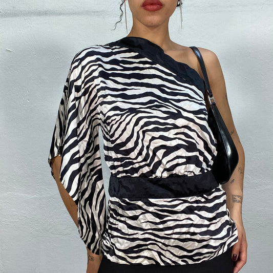 Vintage 2000's Clubwear Black and White One Shoulder Blouse Top with Zebra Print and Belt Detail (M)