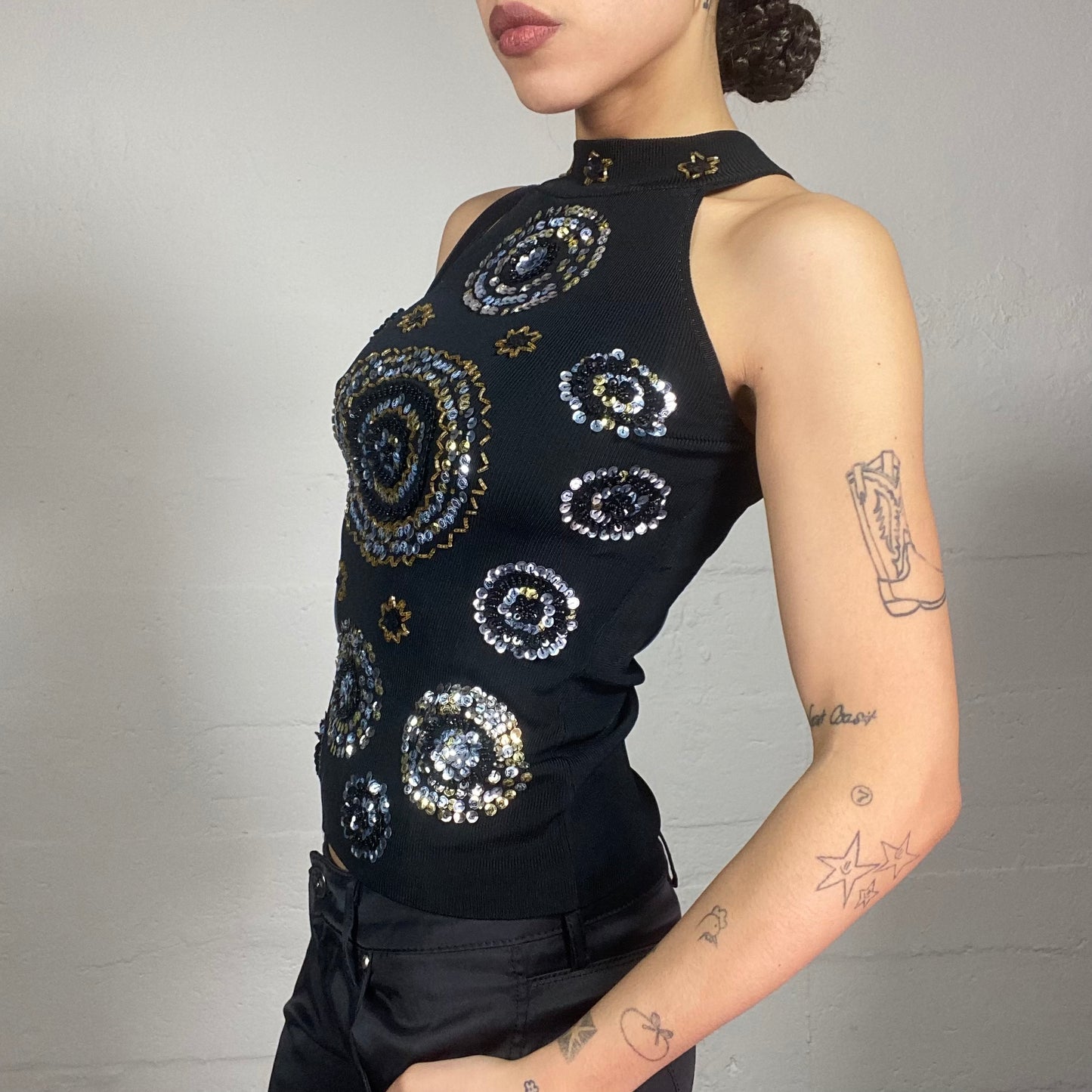 Vintage 90's Clubwear Black Highneck Top with Sequins Stars and Round Print (S)