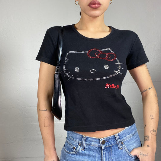 Vintage 2000's Cute Girl Hello Kitty Black Top with Character Strass Print (S)