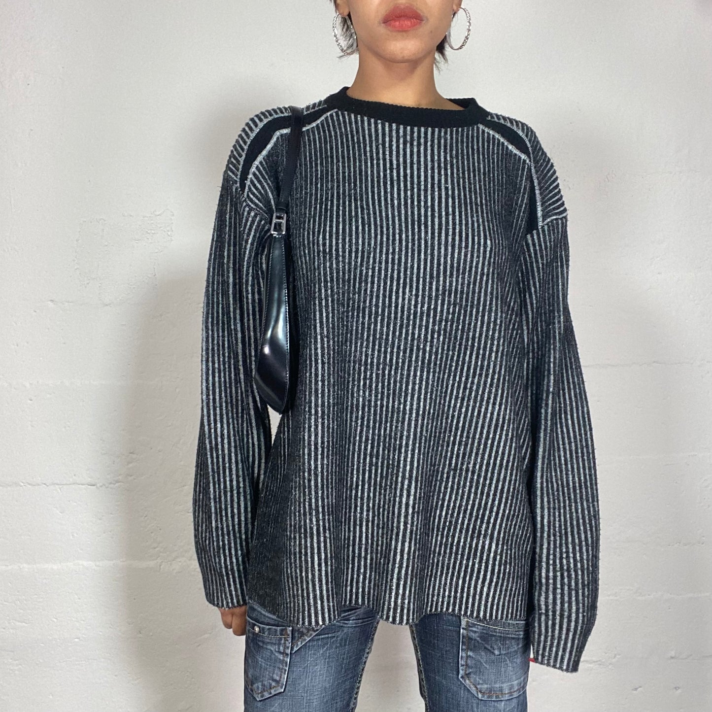 Vintage 90's Archive Ribbed Grey Pullover with Wash Out Effect (L)