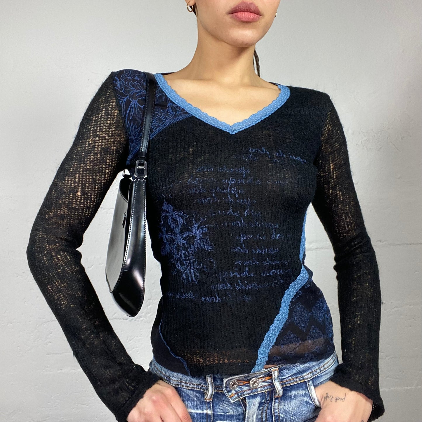Vintage 2000's Downtown Girl Black Knitted Longsleeve Top with Blue Typography Print (S)