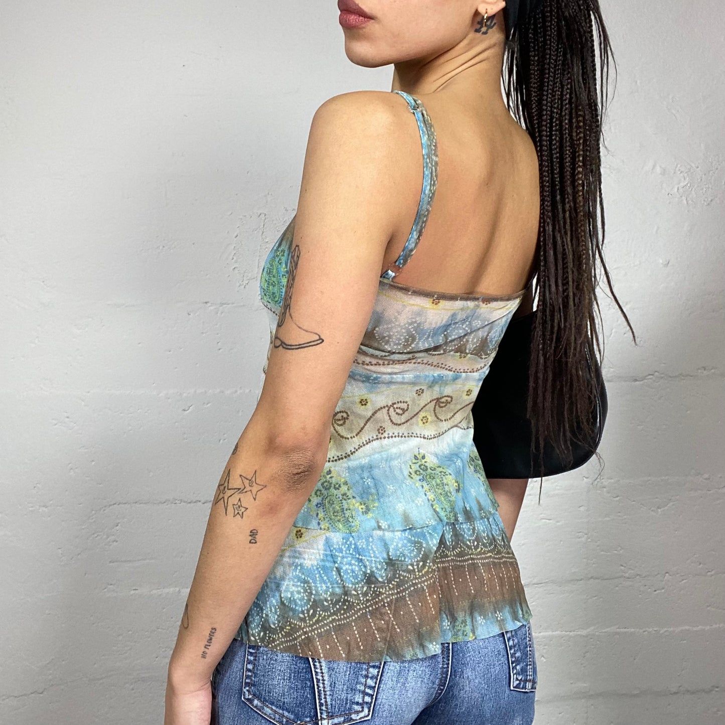 Vintage 2000's Boho Blue and Brown Top with Degradé & Paisley Print (S/M)