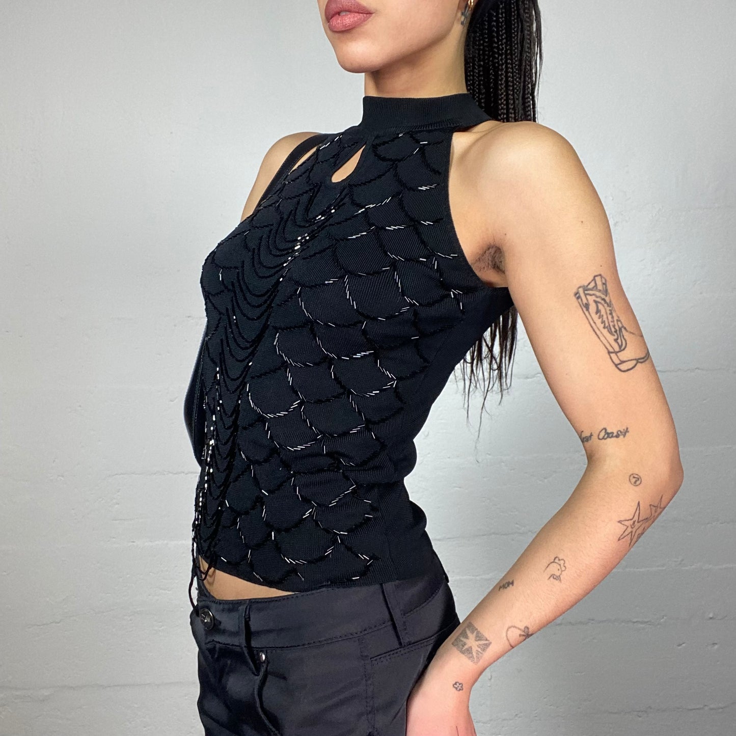 Vintage 2000's Clubwear Black Highneck Top with Rhinestones Chains Detail (S)