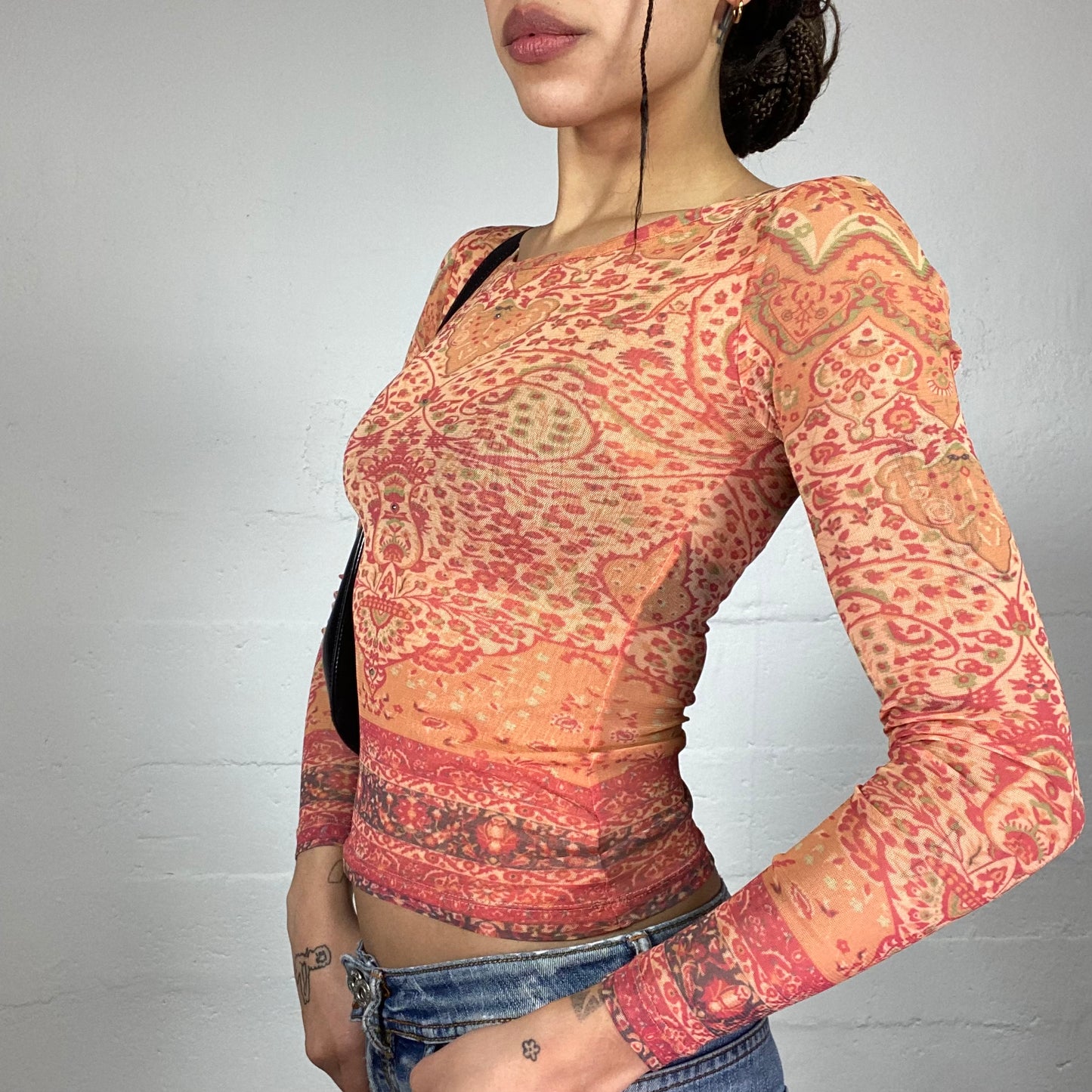 Vintage 90's Phoebe Buffay Orange Mesh Longsleeve Top with Ethnic Print (S)