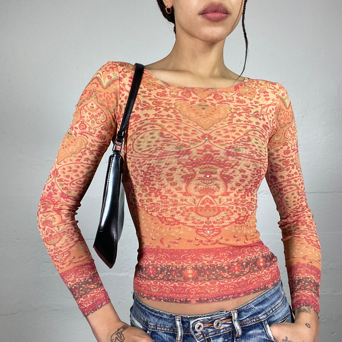 Vintage 90's Phoebe Buffay Orange Mesh Longsleeve Top with Ethnic Print (S)