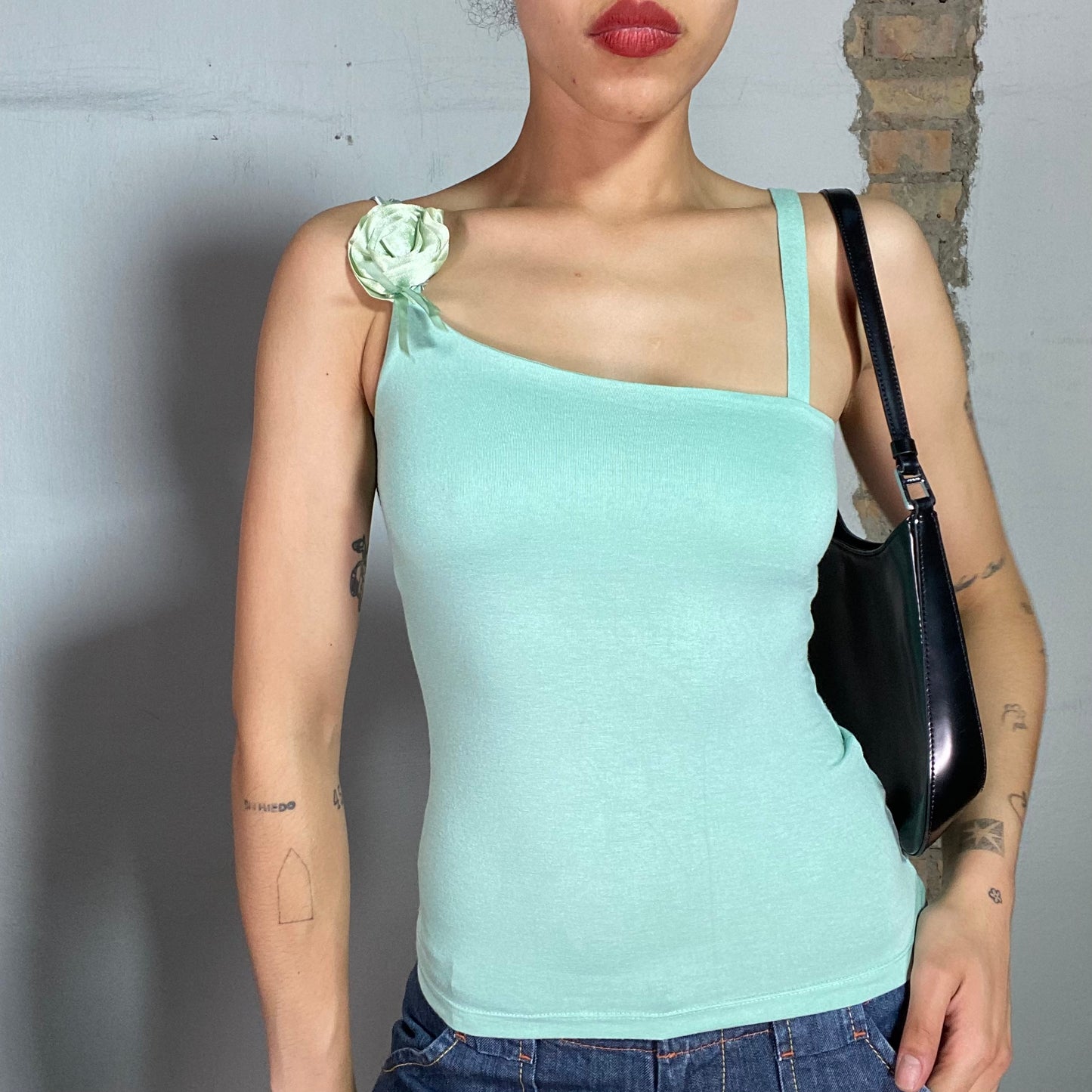 Vintage 90's Summer Turquoise Top with Flower Shoulder Detail (S)