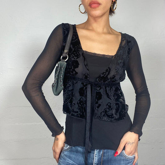 Vintage 2000's Coquette Black Mesh Longlseeve Top with Textured Floral Print (S)