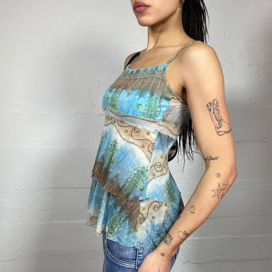 Vintage 2000's Boho Blue and Brown Top with Degradé & Paisley Print (S/M)