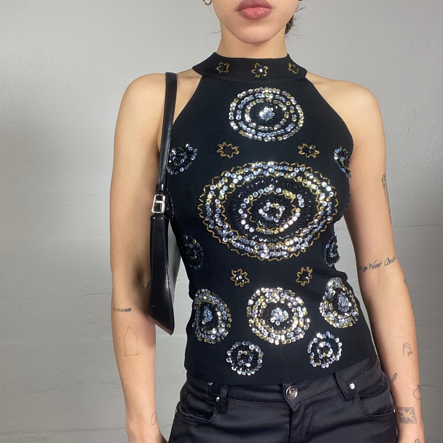 Vintage 90's Clubwear Black Highneck Top with Sequins Stars and Round Print (S)