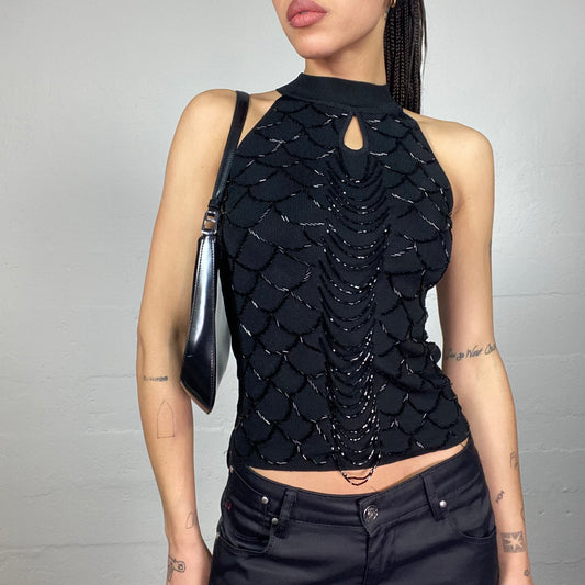 Vintage 2000's Clubwear Black Highneck Top with Rhinestones Chains Detail (S)