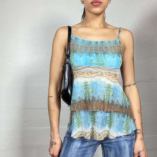 Vintage 2000's Boho Blue and Brown Top with Degradé & Paisley Print (S/M)