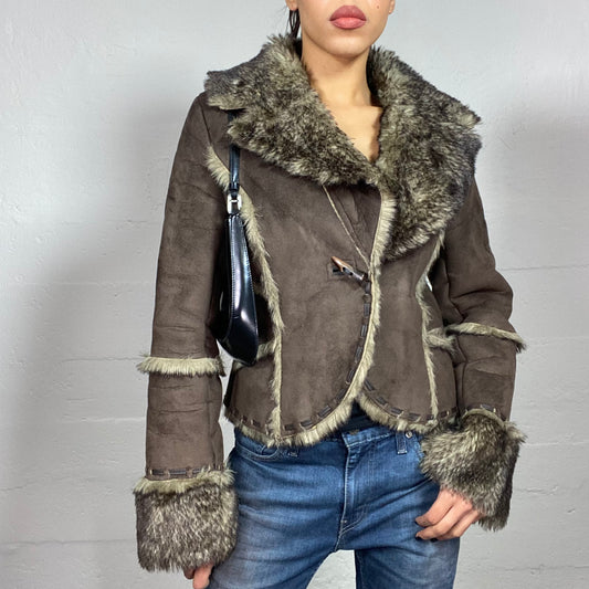 Vintage 2000's Bratz Brown Short Faux Fur Afghan Jacket with Furred Longlseeves (M)