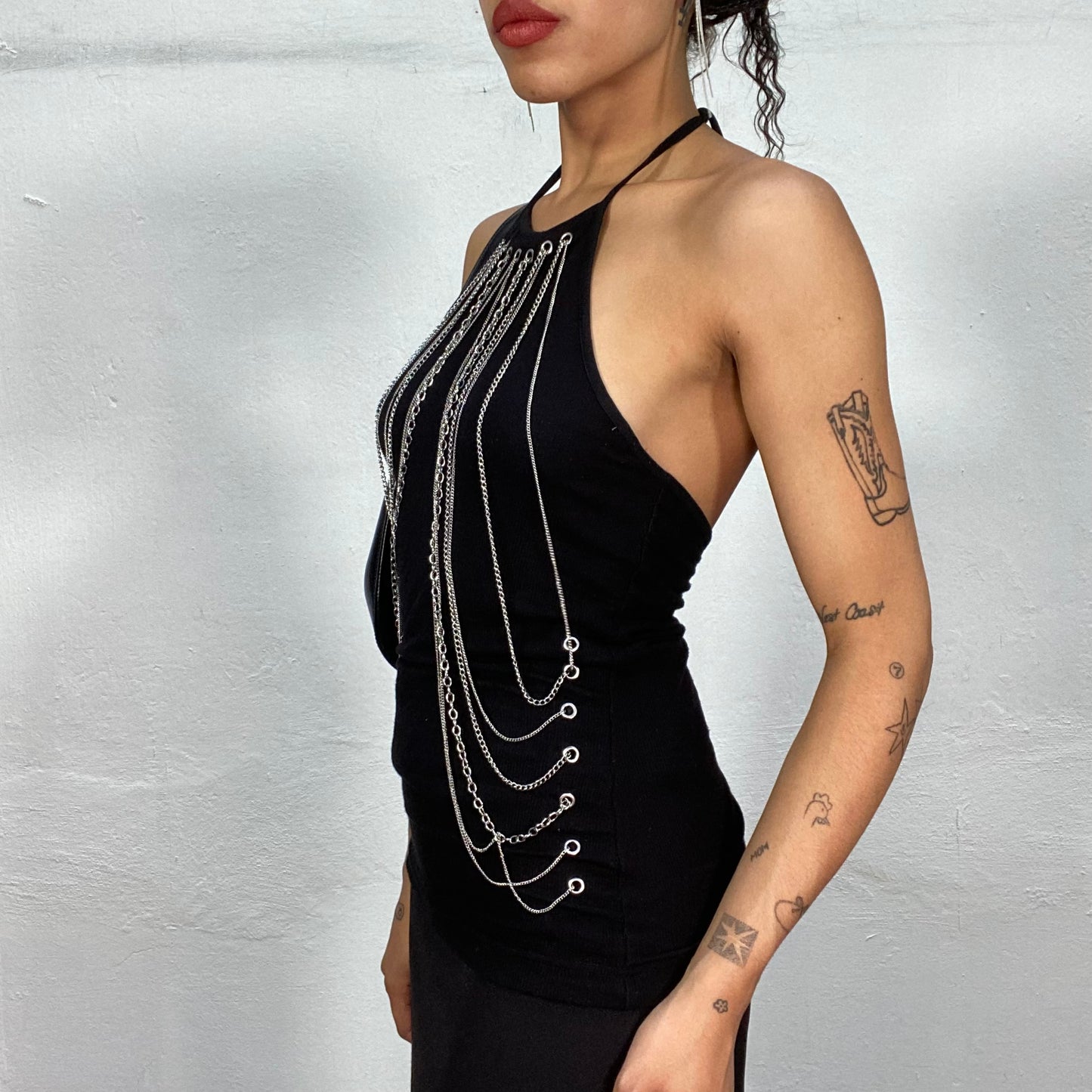 Vintage 2000's Clubwear Black Halter Top with Metallic Chain Detail (S)