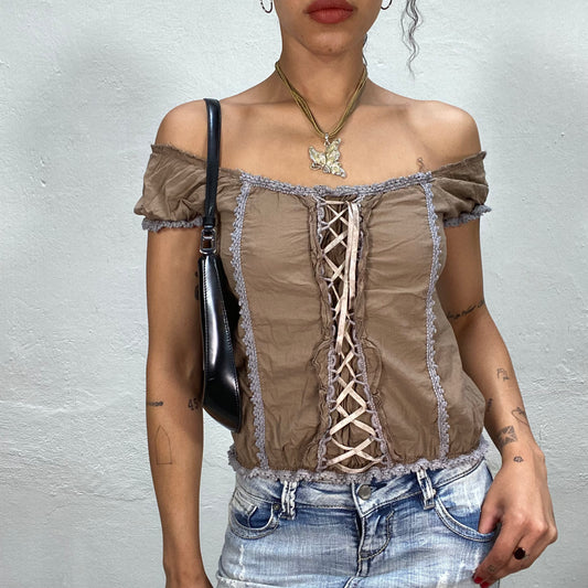 Vintage 90's Medieval Brown Top with Baby Blue Lace Trim and Lace Up Detail (S/M)